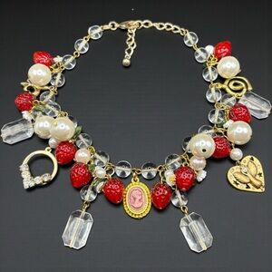 One of a Kind Strawberry Cameo Charm Necklace, Upcycled Vintage Gold Tone